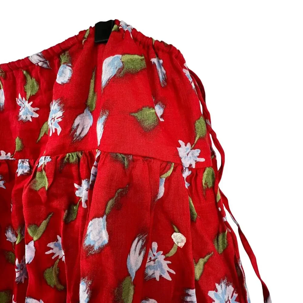 New J.CREW Size XL Side-Tie Skirt Ramie Red Cottage Core Picnic Romantic